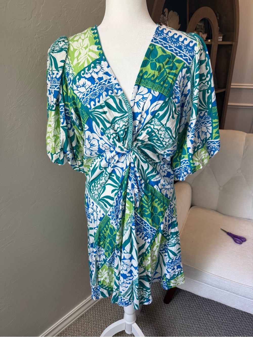 White Closet Elements Large Linen Blend Tropical Twist Front Dress
